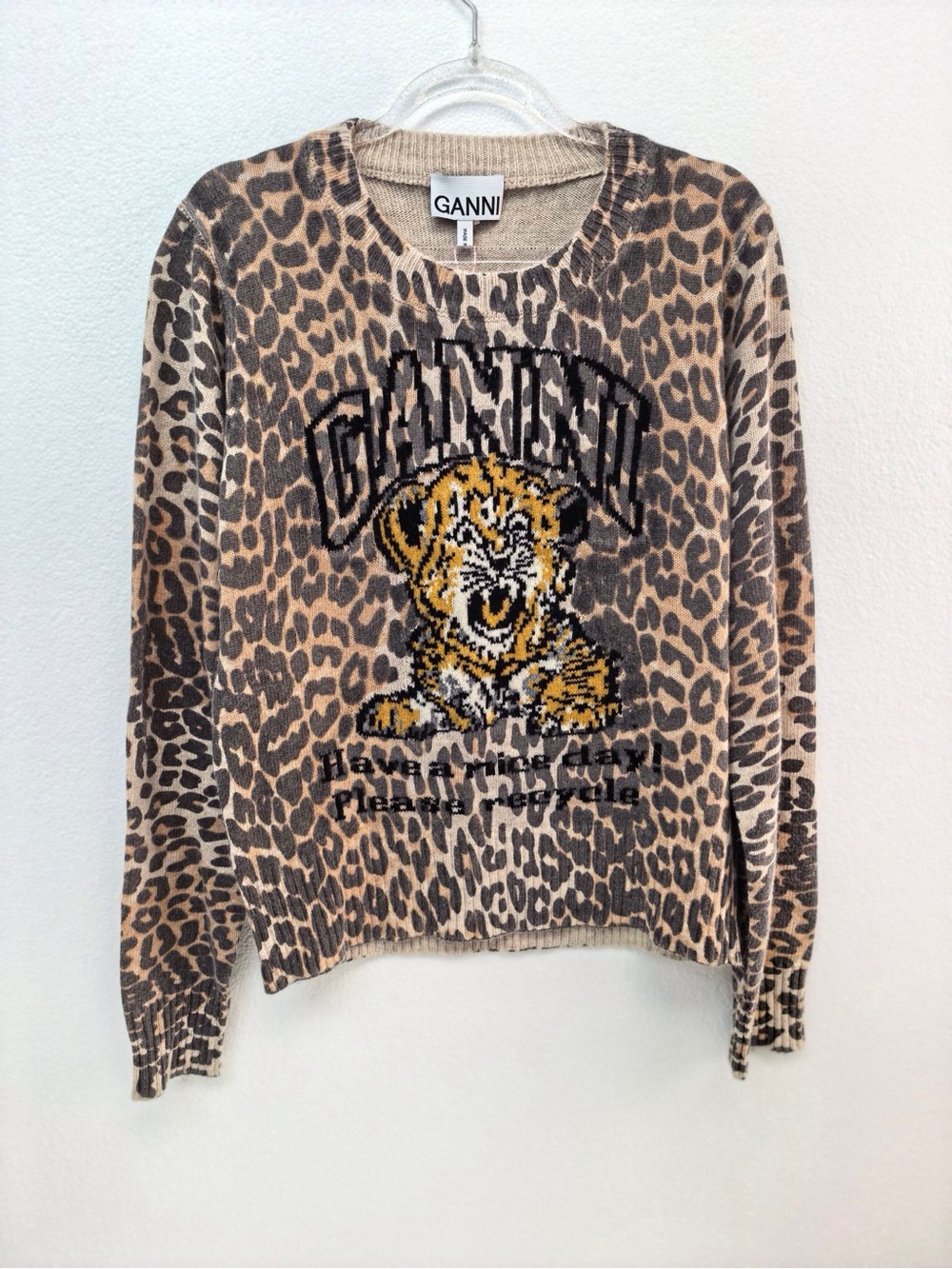 Ganni Leopard-Print Crewneck Sweater with Tiger Graphic